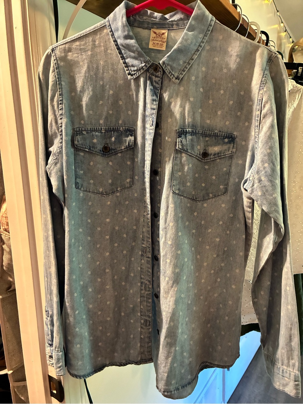 Faded Glory Light Blue Polka Dot Denim Button-Down Shirt